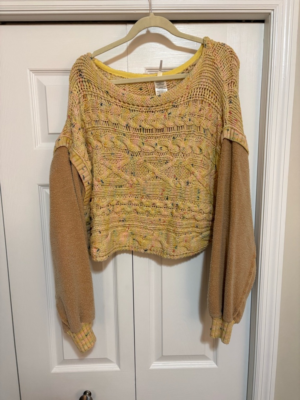 Free People Cropped Mixed Knit Sweater in Yellow and Brown